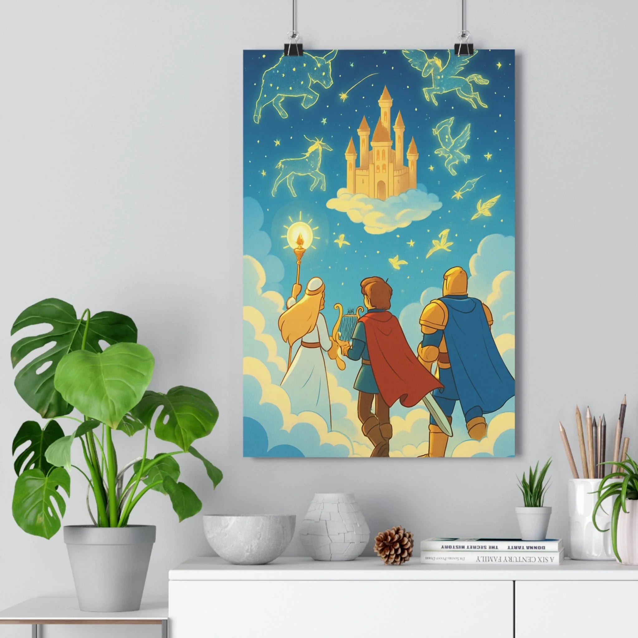 Poster décoratif onirique bleu or dessin animé magique aventure enfants chambre salon créatif lumineux