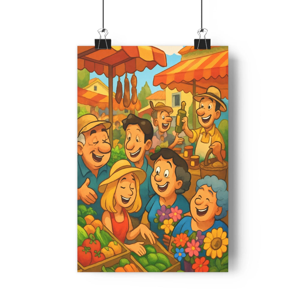 Poster décoratif cartoon joyeux cuisine salon provençal marché animé couleurs chaudes format 30x46 convivialité