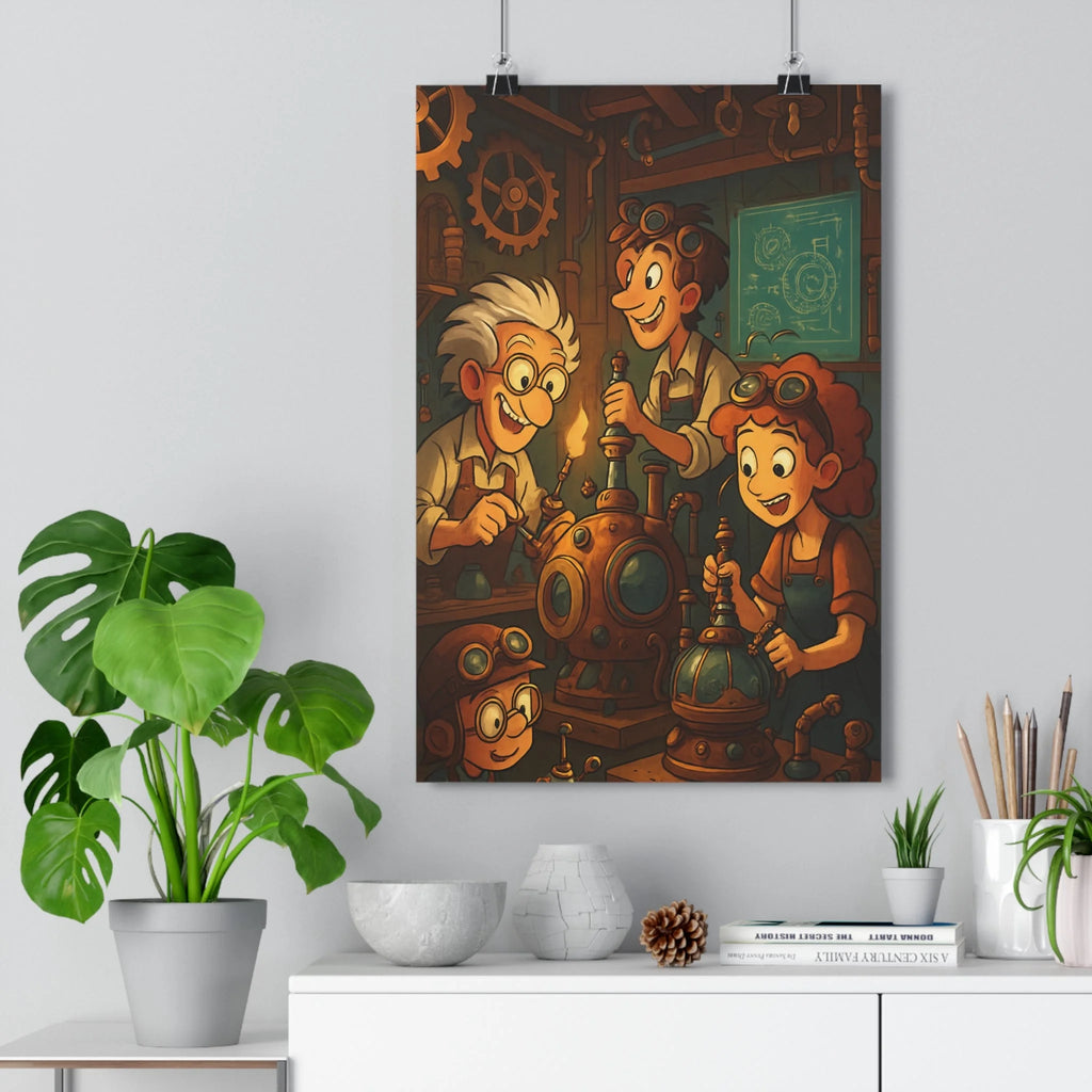 Poster décoratif steampunk cartoon brun bleu joyeux chambre enfant mécanique créatif inventif 30x46 ambiance