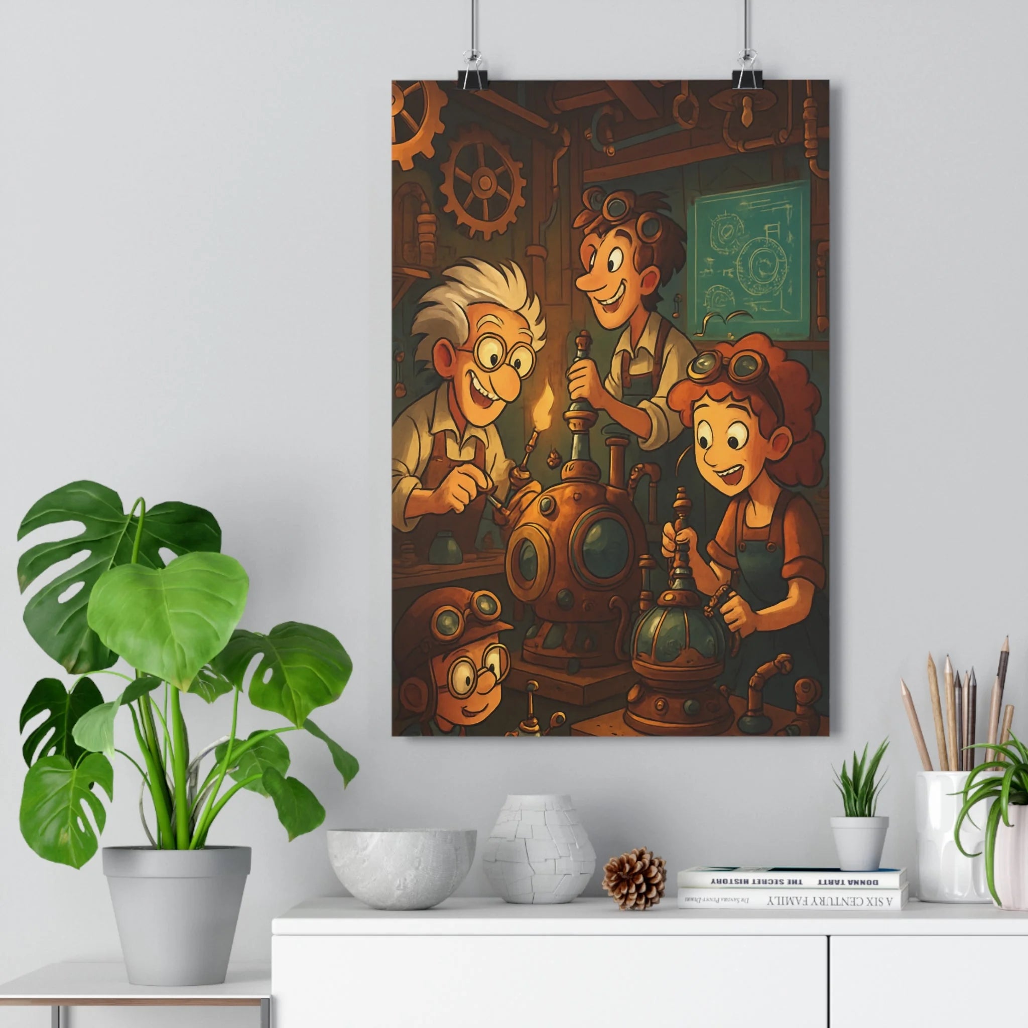 Poster décoratif steampunk cartoon brun bleu joyeux chambre enfant mécanique créatif inventif 30x46 ambiance