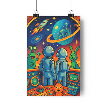 Poster décoratif rétro sciencefiction bleu orange vert fantaisie joyeux salon bureau enfant amusant vintage