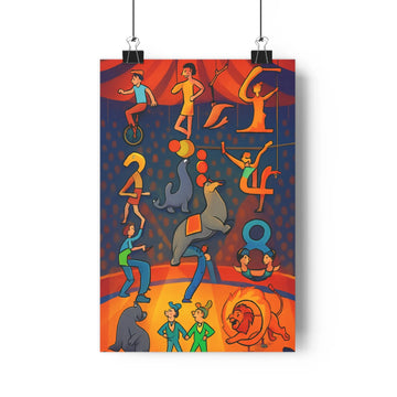 Poster cirque artistes animaux performances équilibriste jongleur dauphins lion vibrant moderne cartoon rouge bleu vert festive chambre salon