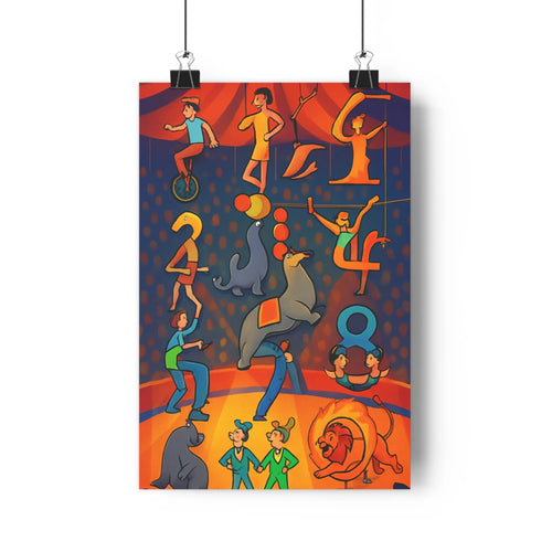 Poster cirque artistes animaux performances équilibriste jongleur dauphins lion vibrant moderne cartoon rouge bleu vert festive chambre salon