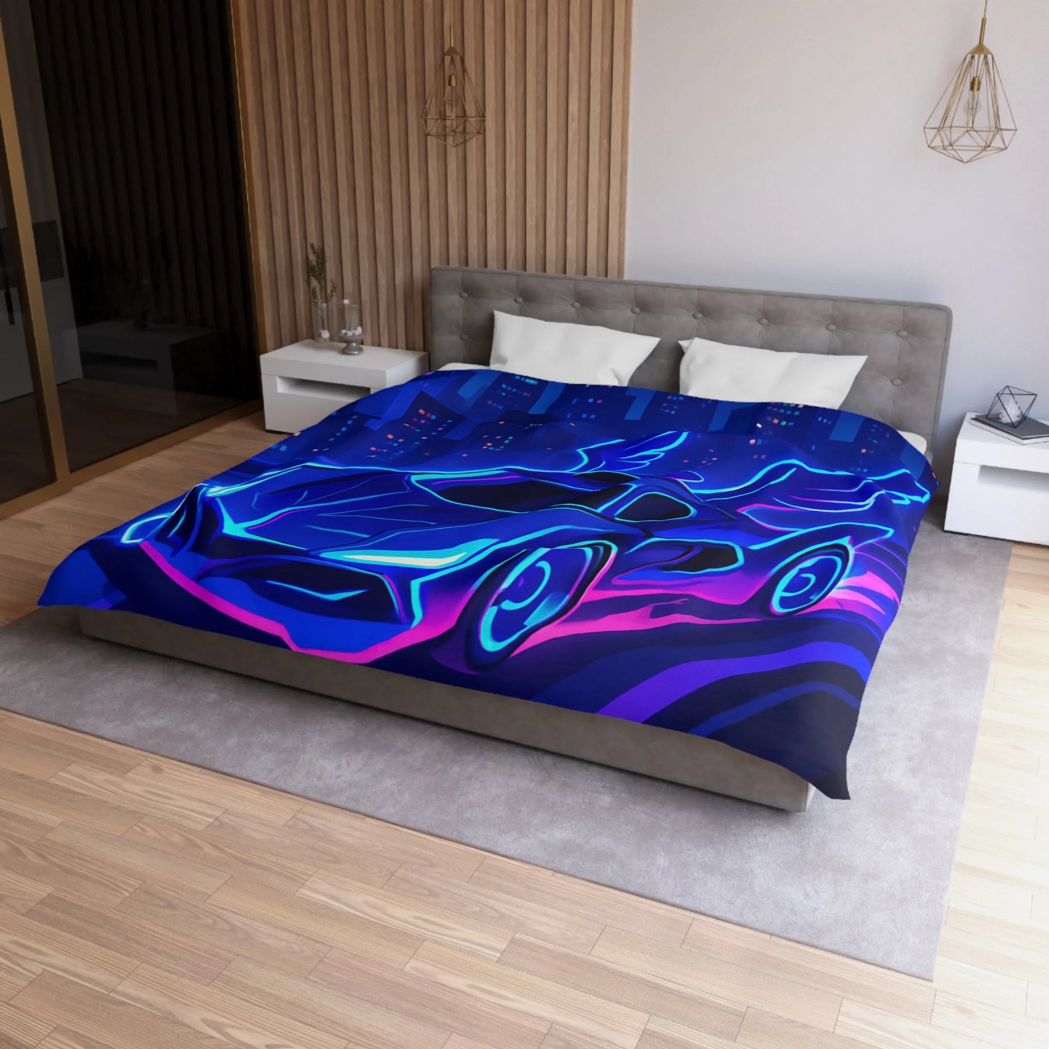 Housse de couette néon voiture futuriste volant dans une ville aux reflets lumineux