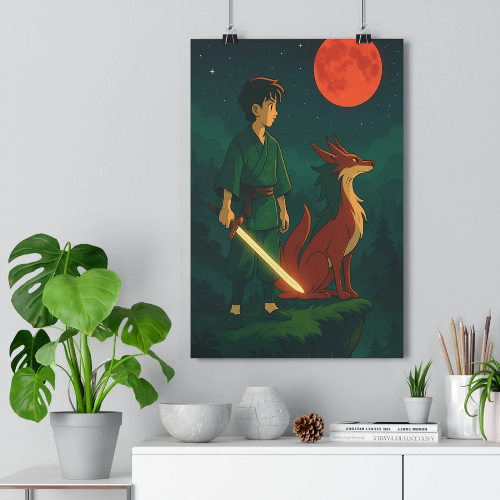 Poster décoratif guerrier créature fantastique vert rouge mystique cartoon aventure chambre salon épique magique