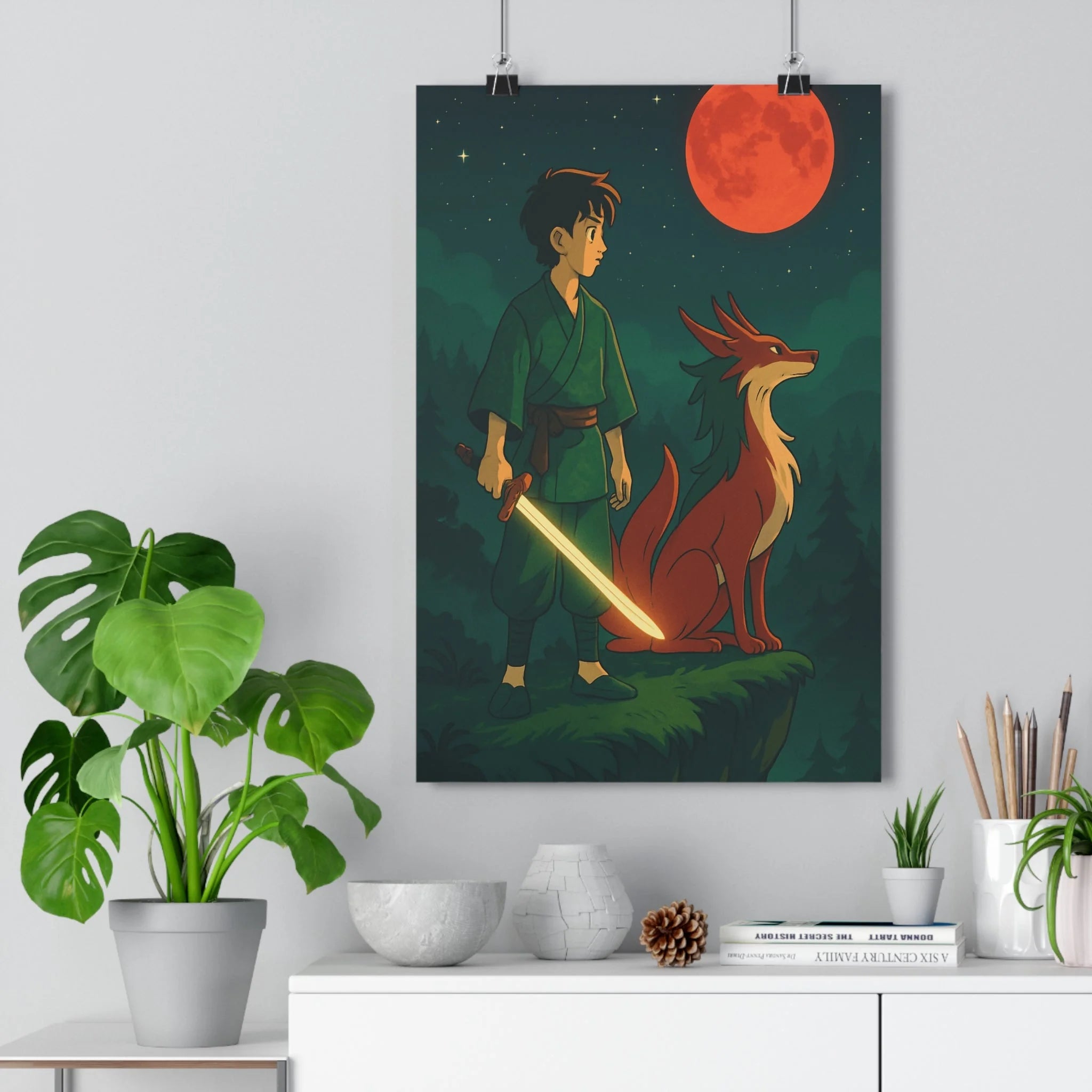 Poster décoratif guerrier créature fantastique vert rouge mystique cartoon aventure chambre salon épique magique
