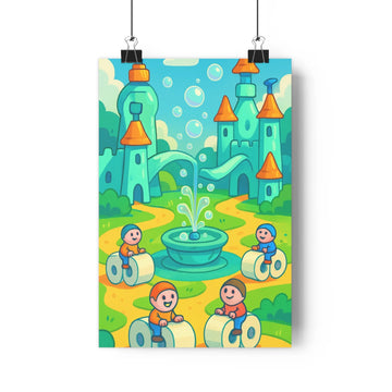Poster royaume imaginaire personnages rouleaux papier toilette château bleu orange buissons bulles ambiance fantastique légèrement comique style cartoon couleurs vives