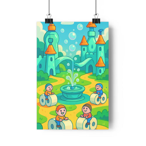 Poster royaume imaginaire personnages rouleaux papier toilette château bleu orange buissons bulles ambiance fantastique légèrement comique style cartoon couleurs vives