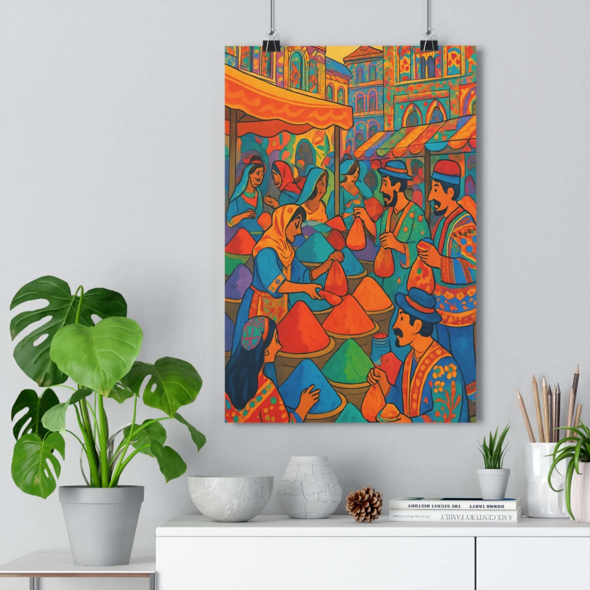 Poster décoratif marché animé couleurs vives cartoon joyeux folklore chambre salon vivant coloré qualité