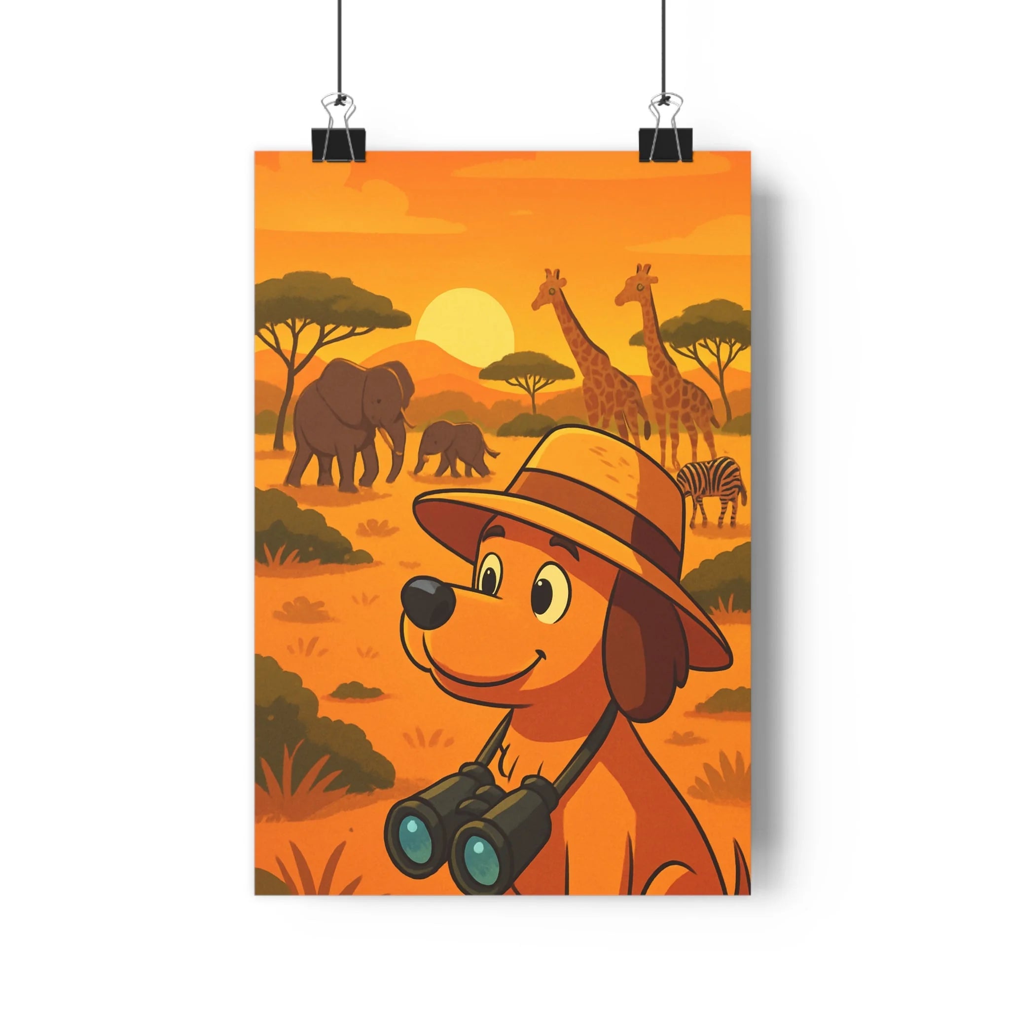 Poster décoratif chien explorateur cartoon orange jaune savane aventure chambre enfant 30x46 animaux safari