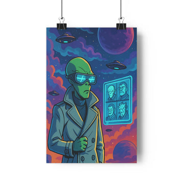 Poster décoratif extraterrestre néon bleu violet rose cartoon aventure salon bureau futuriste étoilé mystique