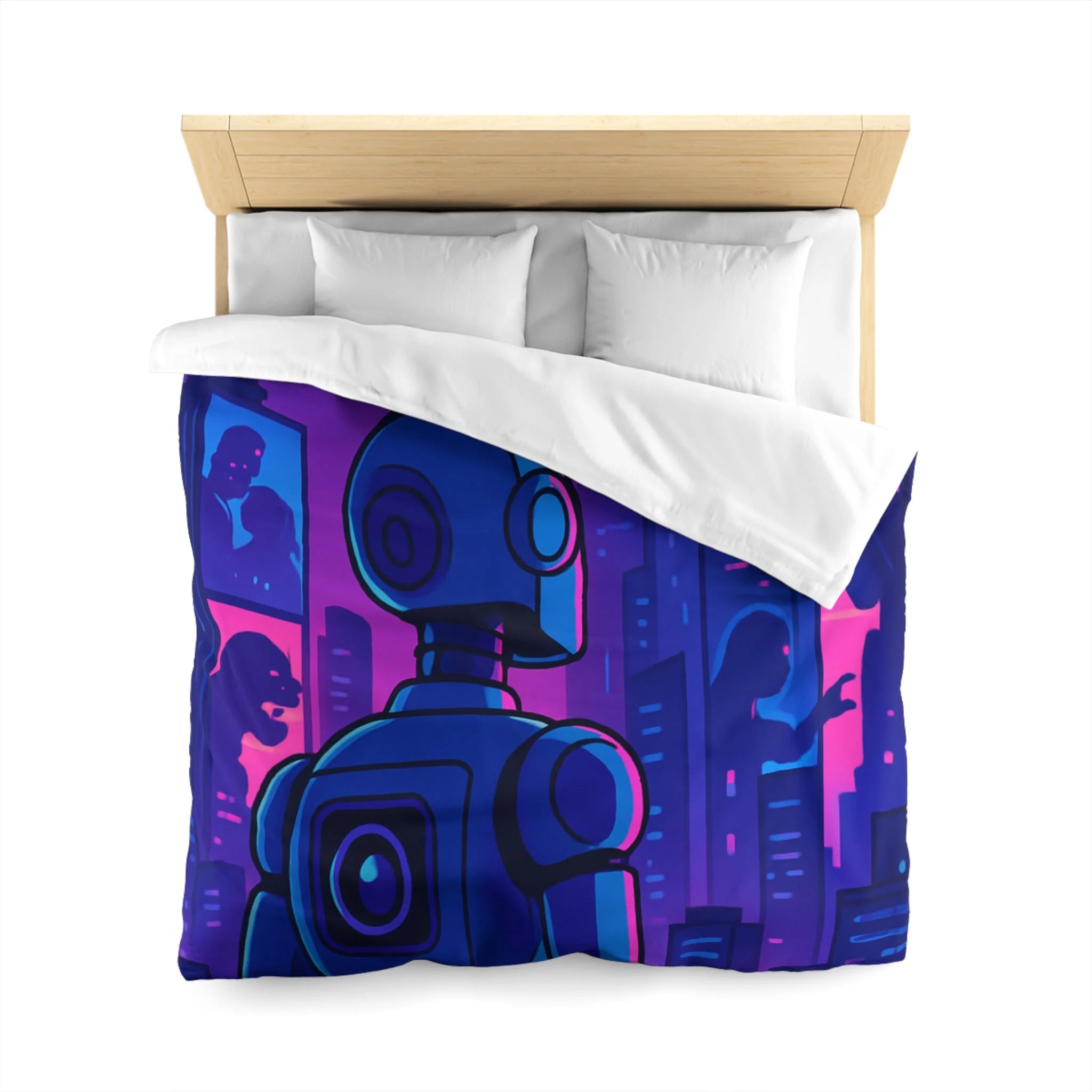Séduisante housse de couette futuriste robot bleu néons drones anime horizon nuit