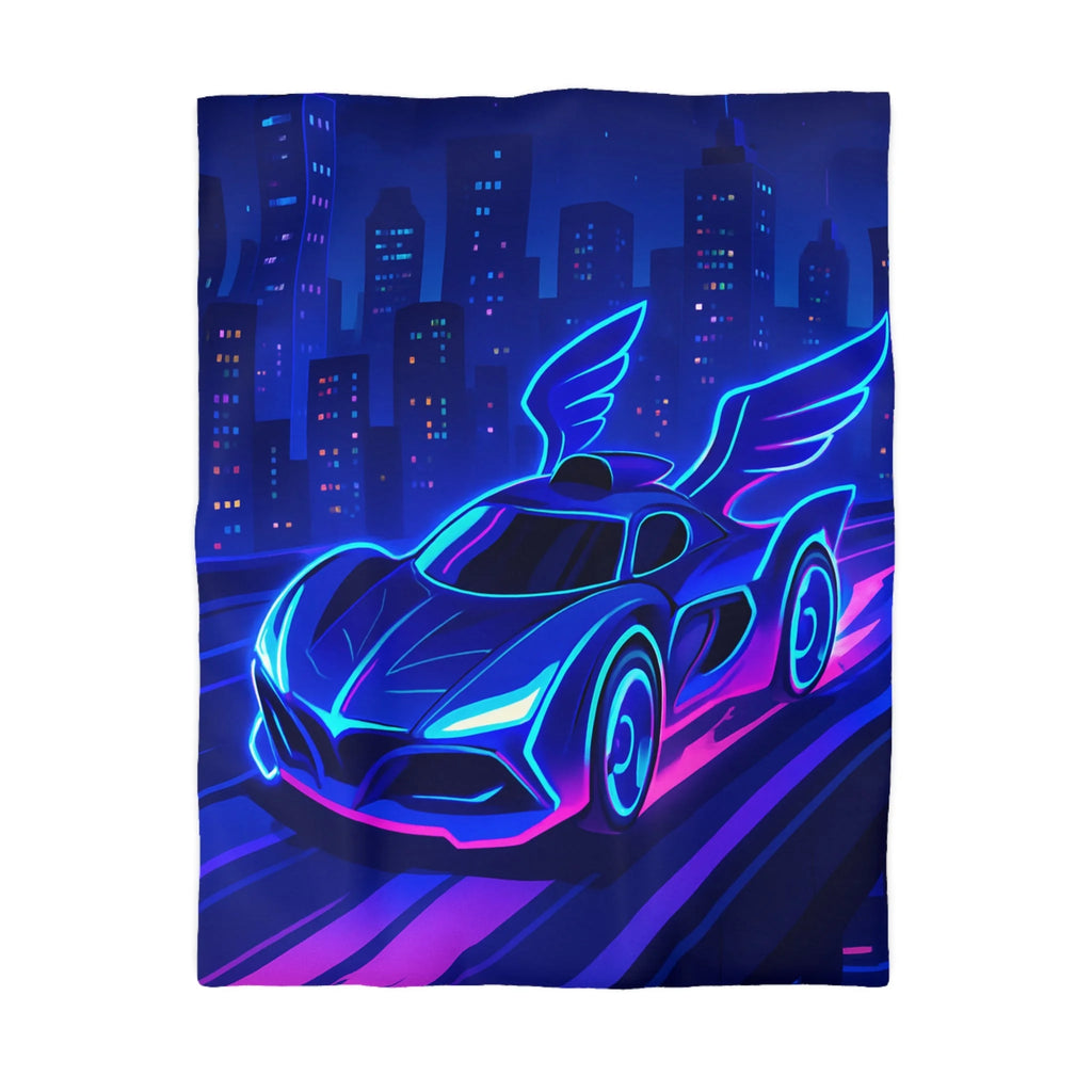 Housse de couette néon voiture futuriste volant dans une ville aux reflets lumineux