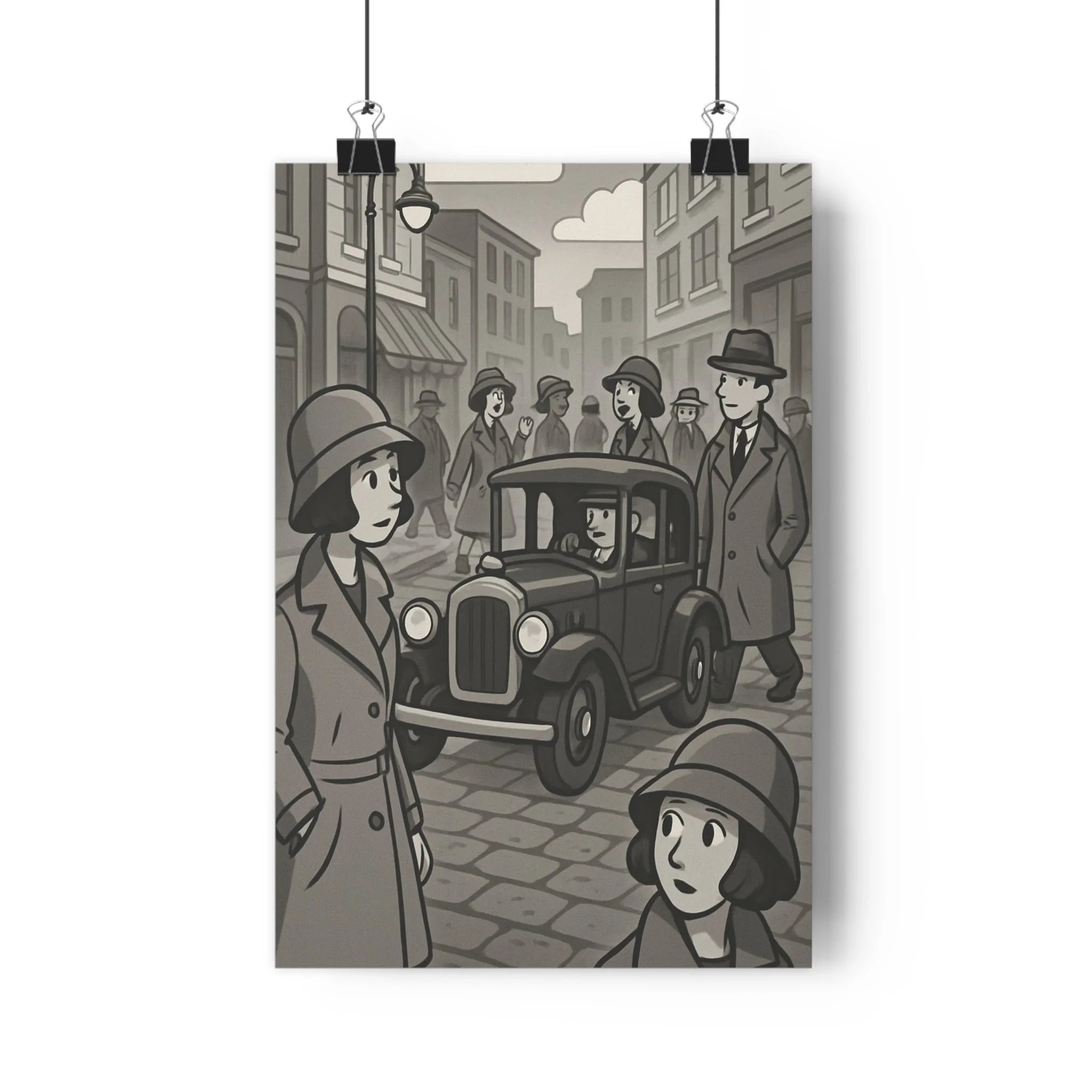 Poster décoratif vintage monochrome rétro nostalgique dessin animé noir blanc salon intemporel nostalgie ambiance