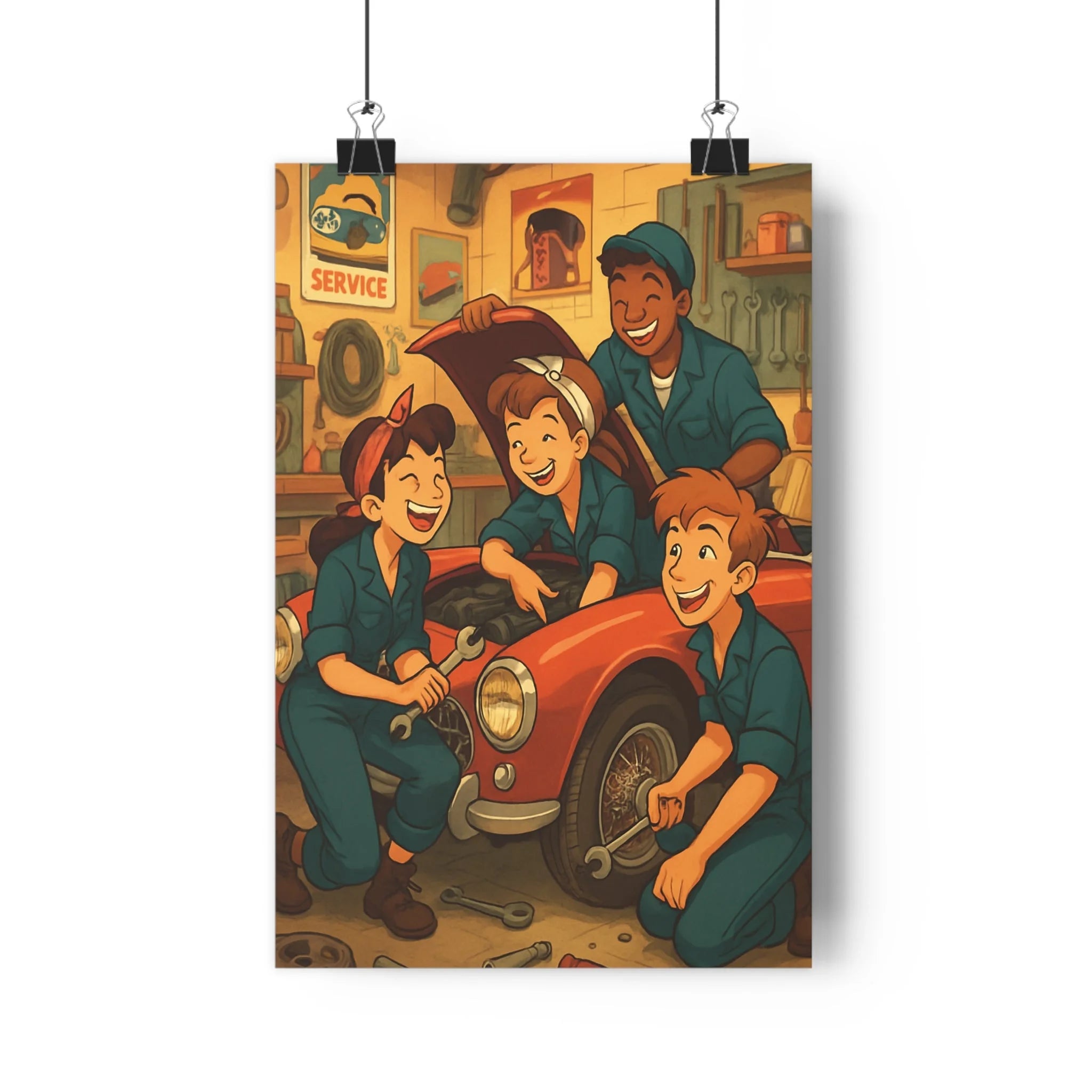Poster décoratif vintage voiture rouge bleu joyeux atelier chambre enfant garage ambiance conviviale teamwork
