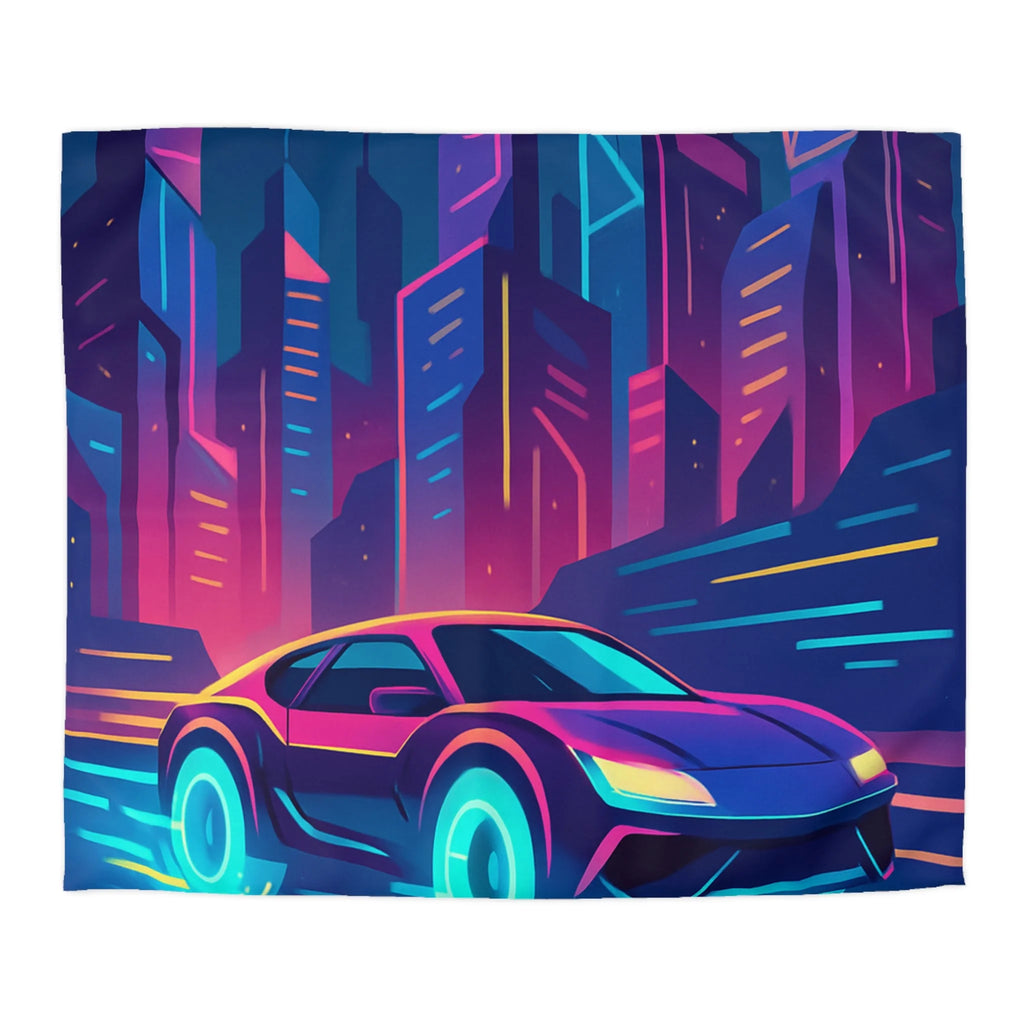 Parure de lit futuriste avec voiture néon sous lune pleine en ville vibrante