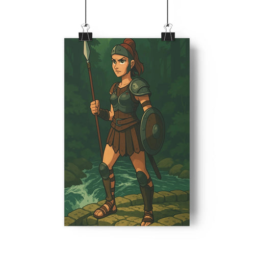 Poster guerrière armure lance bouclier forêt dense arbres feuillus eau vert brun noir cartoon ombres douces fantasy aventure combat salon