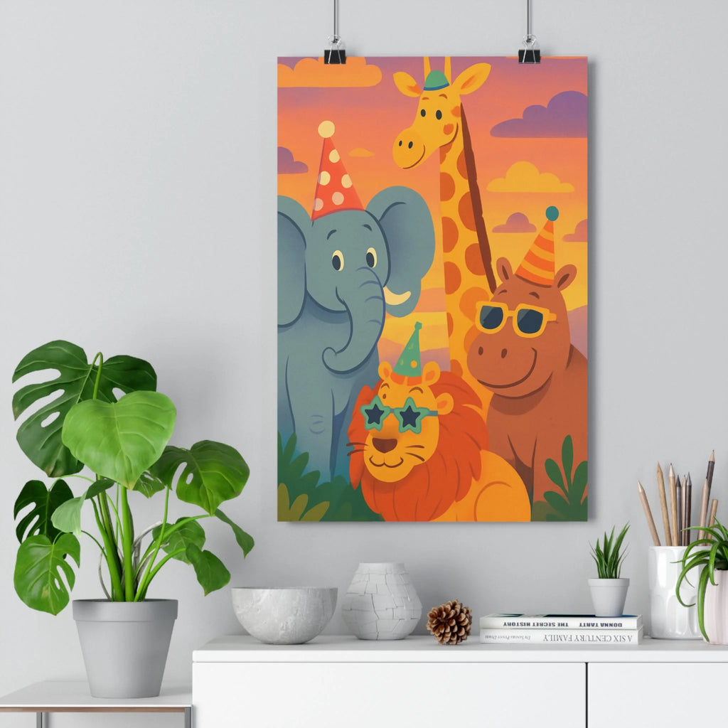 Poster décoratif joyeux enfant cartoon éléphant girafe lion hippopotame coloré amusant 30x46 cm qualité