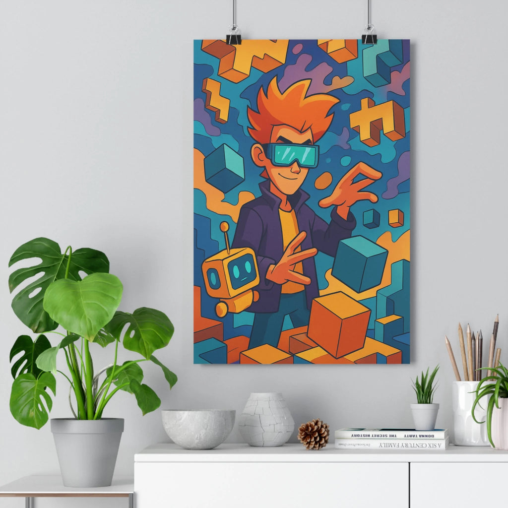 Poster décoratif aventure orange bleu cartoon dynamique chambre enfant futuriste lumineux joyeux moderne design