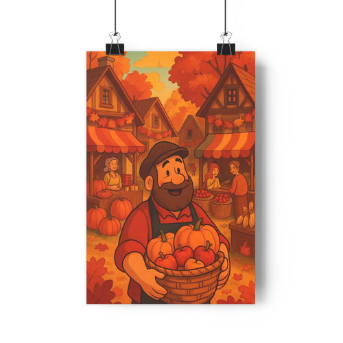 Poster automne marché village feuilles oranges maisons toits pentus toile dawning homme panier citrouilles pommes tablier rouge ambiance joyeuse salon