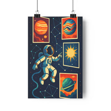 Poster astronaute espace planètes bleu nuit étoiles colorées cartoon contours nets couleurs saturées ambiance fantastique exploratoire mur gris clair table