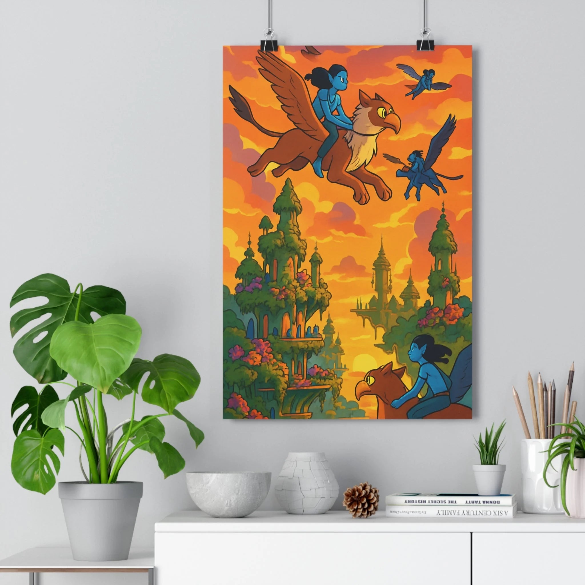 Poster décoratif aventure cartoon bleu orange pastel chambre créatif créatures volantes ville flottante ambiance