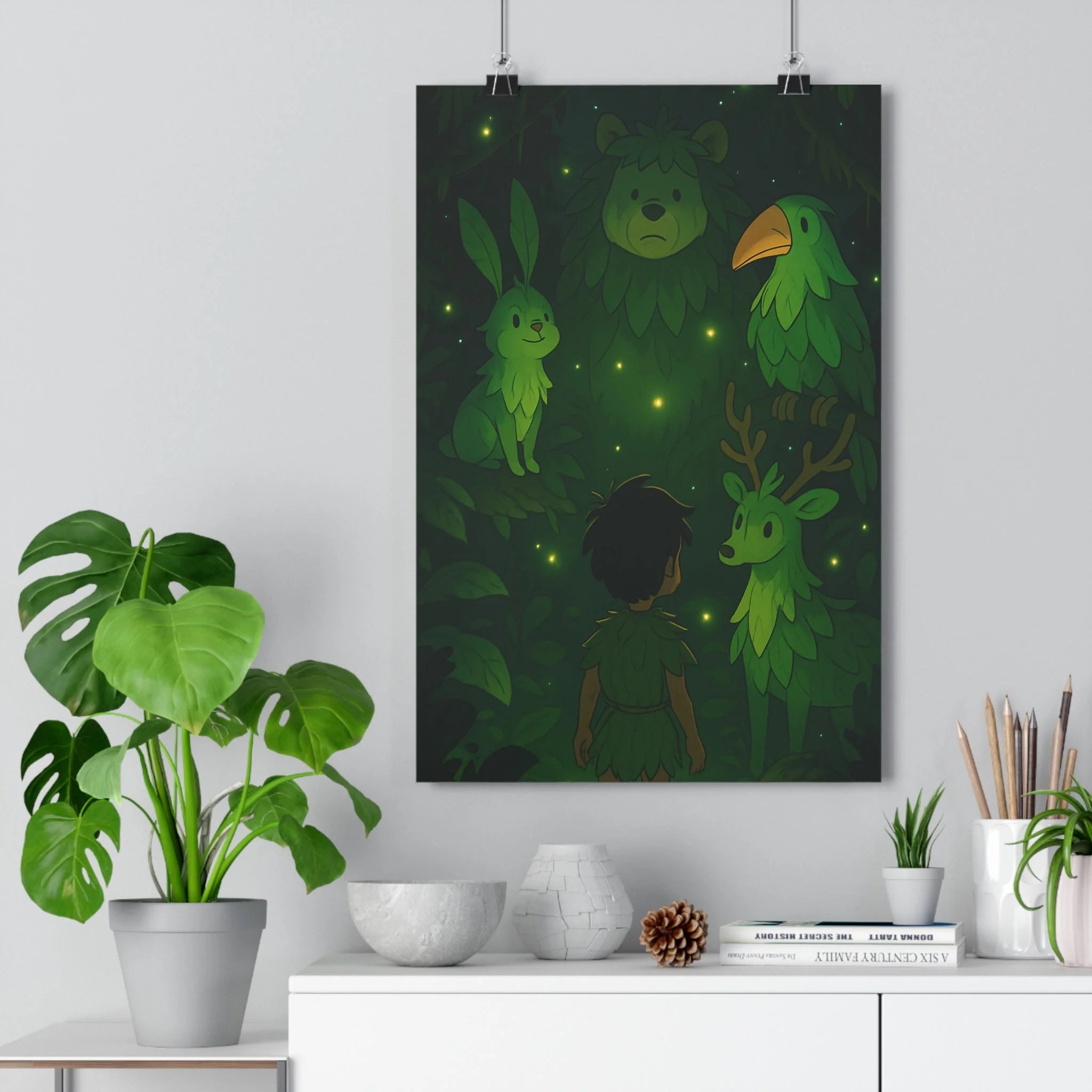 Poster décoratif vert forêt tropicale enfant animaux mystique enchantée illustration chambre aventure nature rêve