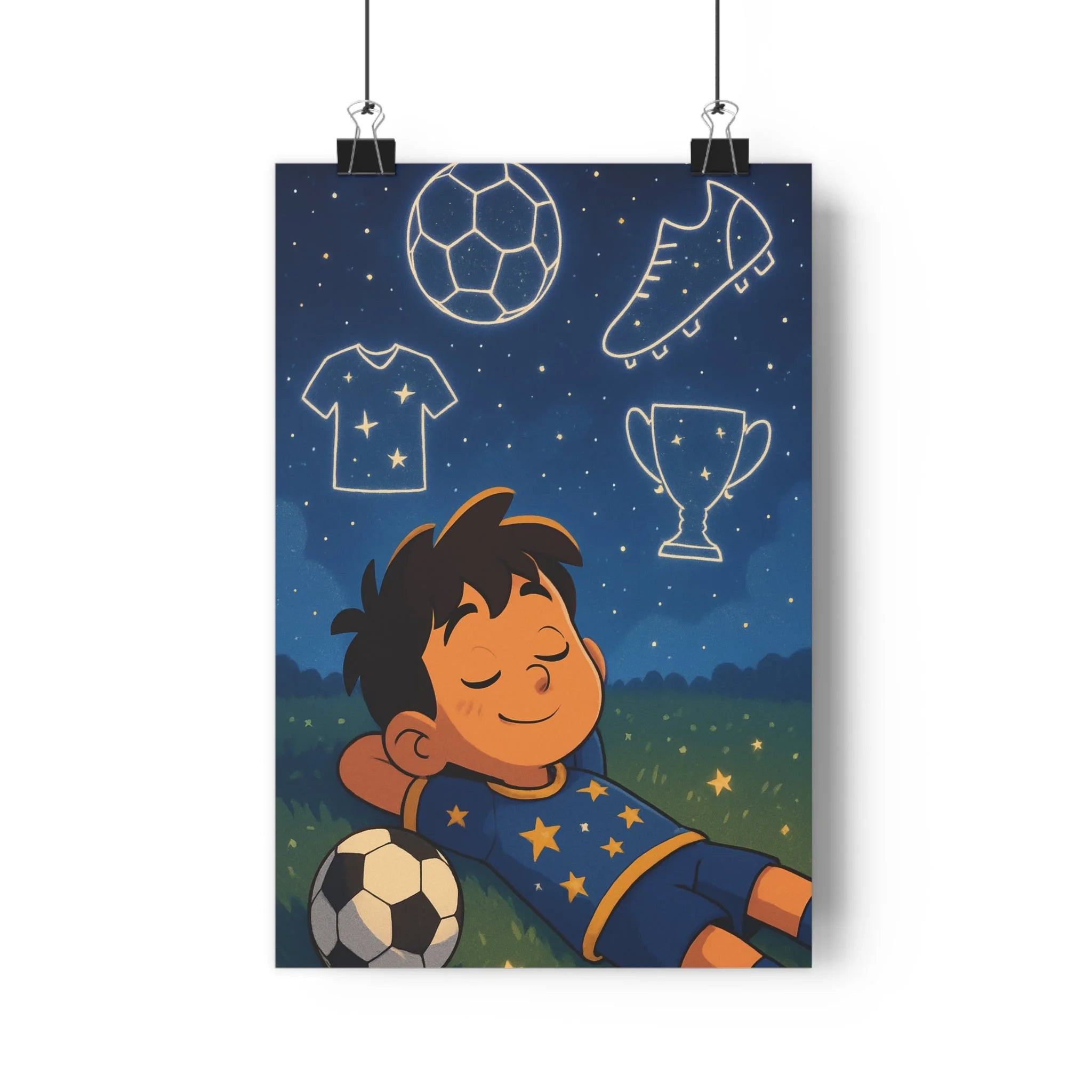 Poster décoratif artistique cartoon rêveur bleu nuit enfant chambre mystique football ballon étoilé ambiance