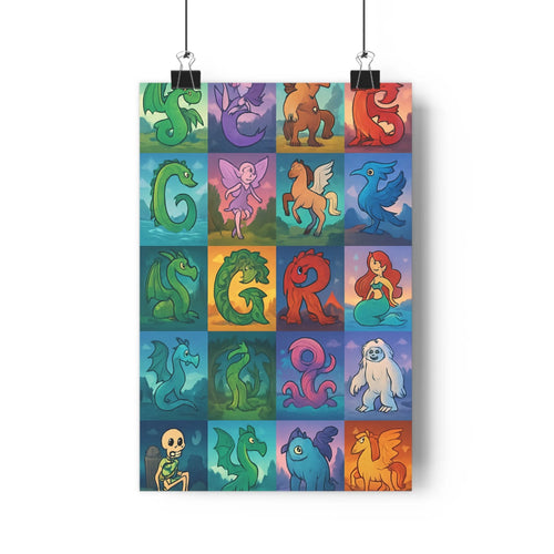 Poster alphabet créatures légendaires animales joyeuses couleurs vives style moderne étagère fond uni ambiance enfantine imagination chambre salon