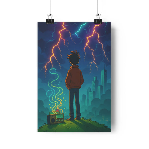Poster homme sur colline radio vintage ciel éclairé couleurs vives paysage urbain nuages noirs magie moderne fantastique chambre salon