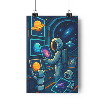 Poster futuriste astronaute robots vaisseau spatial galaxies planètes bleu rouge jaune exploration cartoon découverte chambre salon