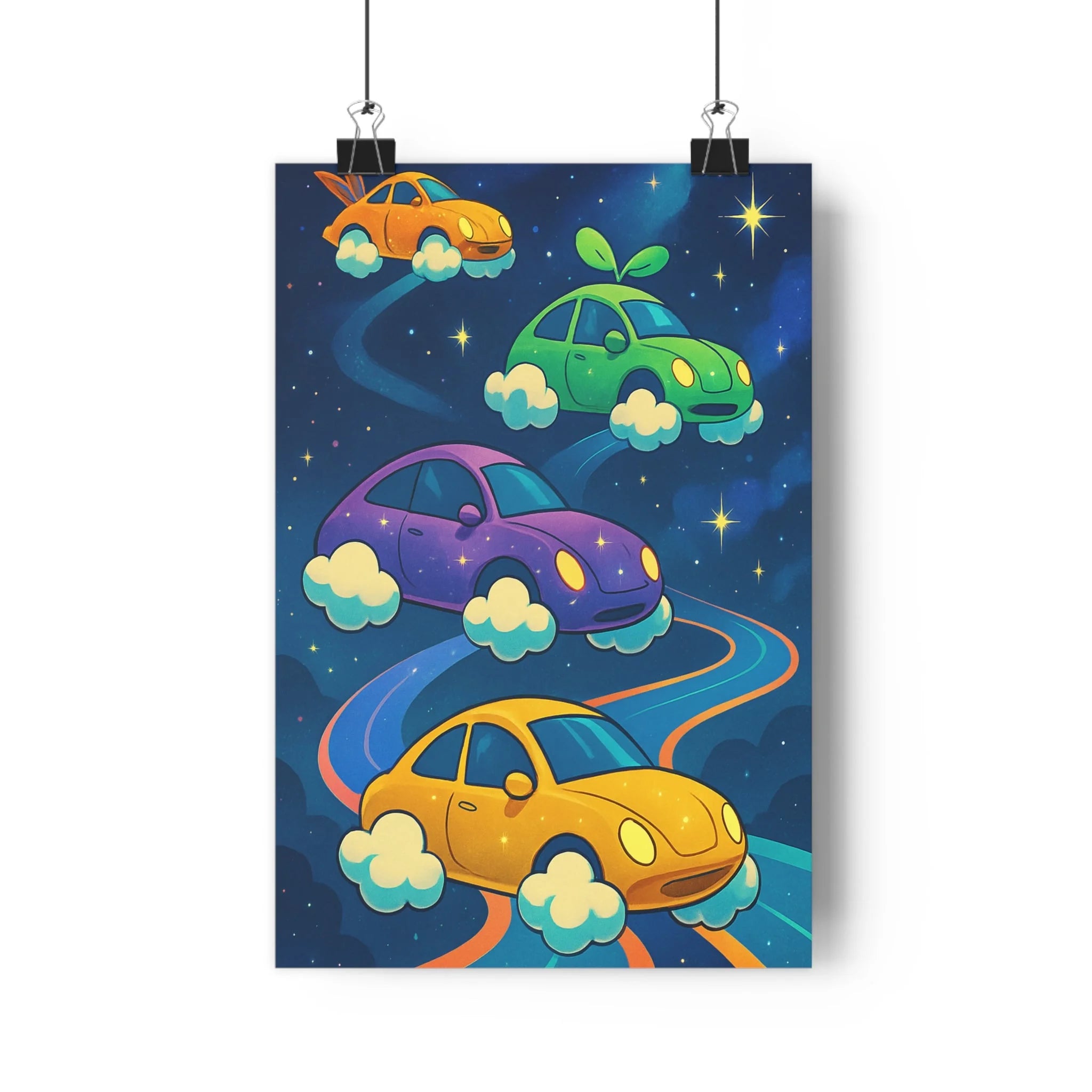 Poster décoratif voiture colorée cartoon futuriste magique ciel étoilé salon chambre enfant vibrant unique