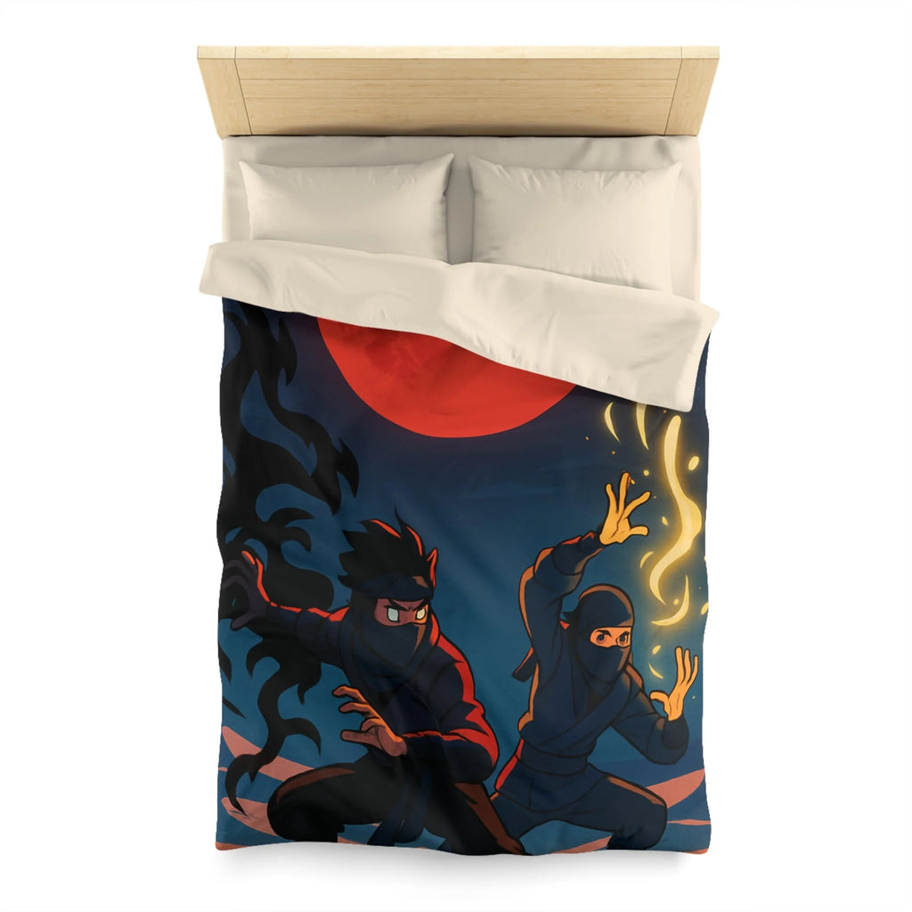 Housse de Couette Ninja avec Lune Rouge et Pouvoirs Mystiques en Fond Sombre