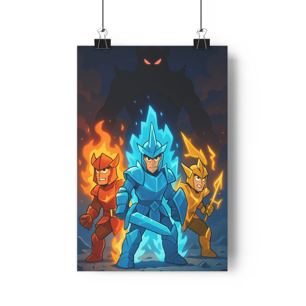 Poster décoratif anime épique guerriers rouge bleu jaune dynamique intense chambre salon bureau ambiance