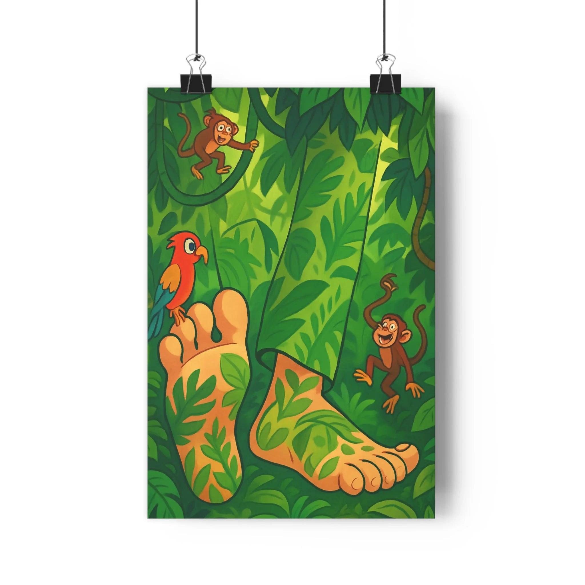 Poster décoratif jungle exotique vibrant amusant singes perroquet cartoon coloré vert orange chambre aventure