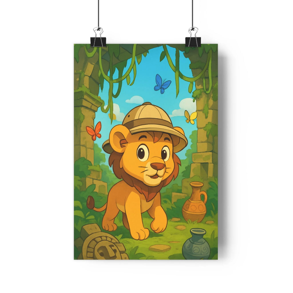 Poster décoratif cartoon lion explorateur bleu vert orange aventure chambre enfant 30x46 joyeux coloré