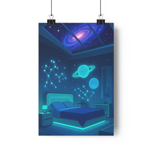 Poster moderne chambre bleu constellations planètes saturne étoiles ambiance fantastique style cartoon murs blancs plafond sombre linge de maison tapis