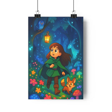 Poster féerique forêt nuit cape chevreau renard hibou lanternes fleurs champignons magique vibrant vert bleu rouge Jaune cartoon chambre enfants