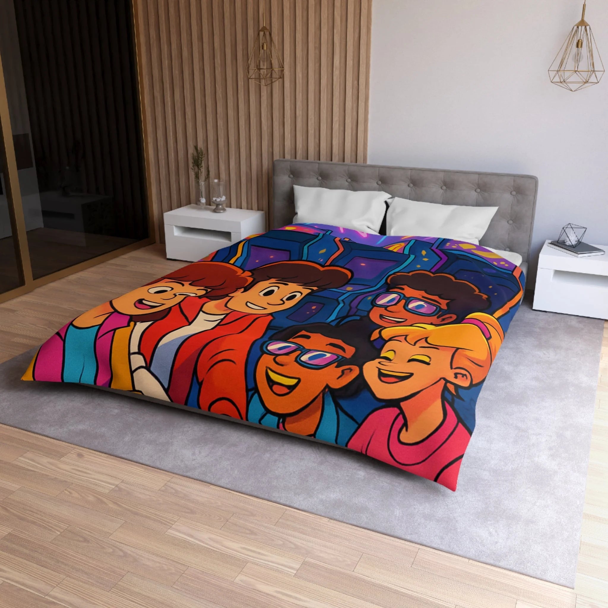 Housse de couette vibrante années 80 avec motifs arcades et ambiance rétro lumineuse