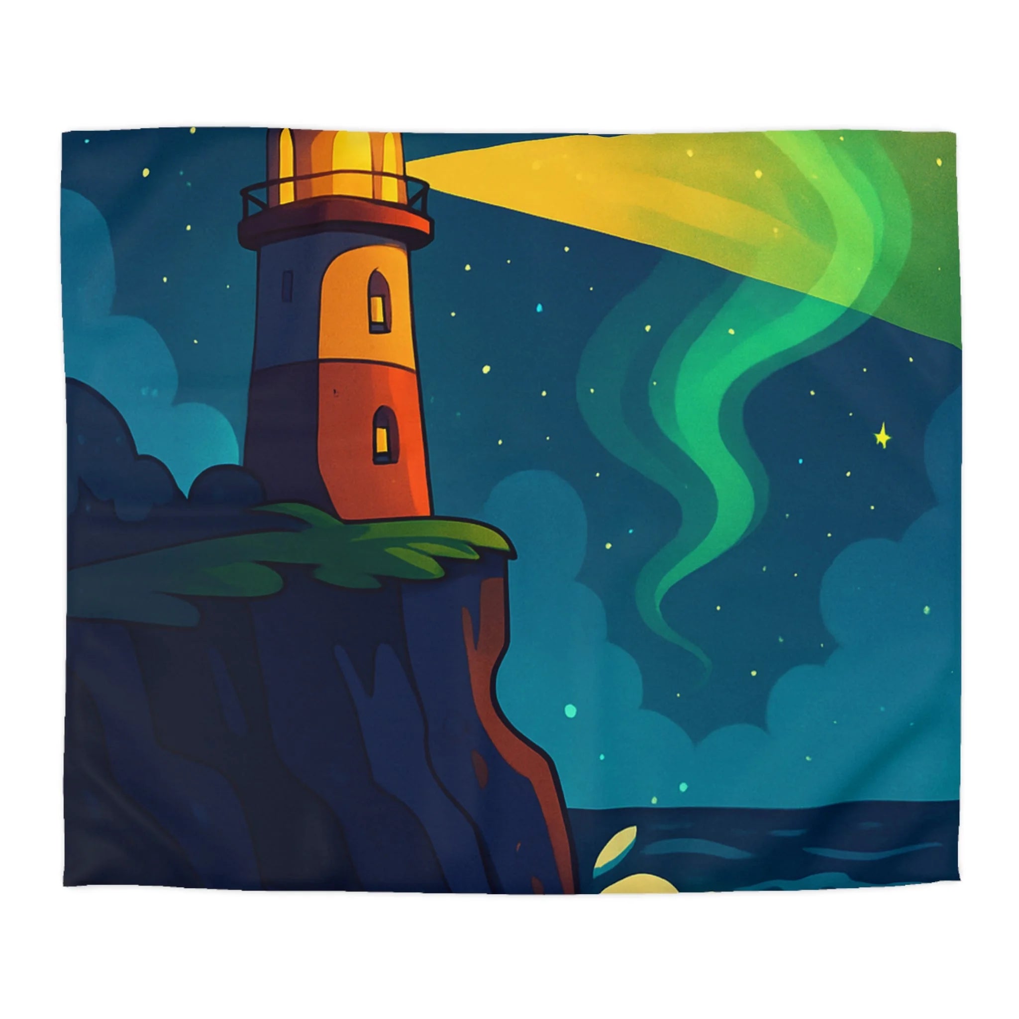 Housse de couette phare rouge illuminant océan étoilé, paysage nocturne inspirant rêve.