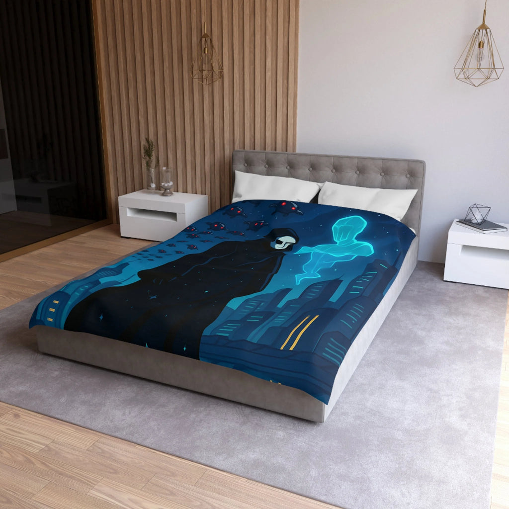 Housse de couette spatiale avec figure masquée et paysage urbain futuriste