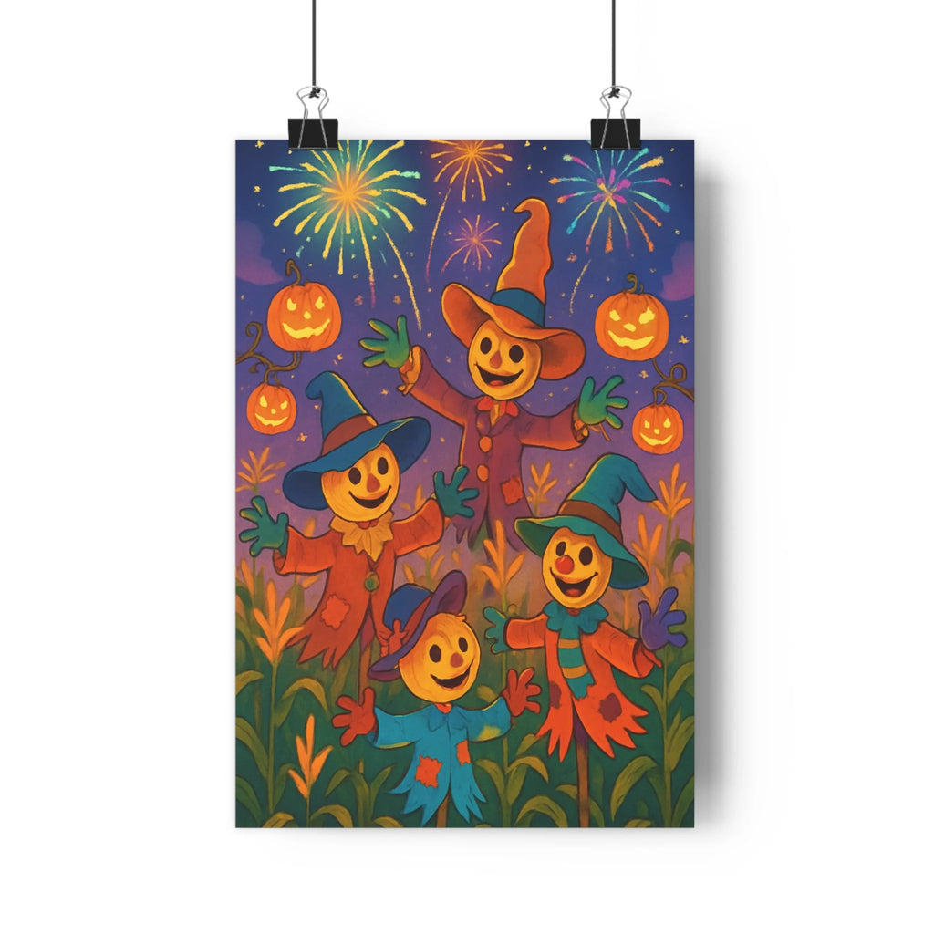 Poster décoratif halloween épouvantails cartoon automne joyeux citrouilles rouges jaunes festif salon enfant chambre