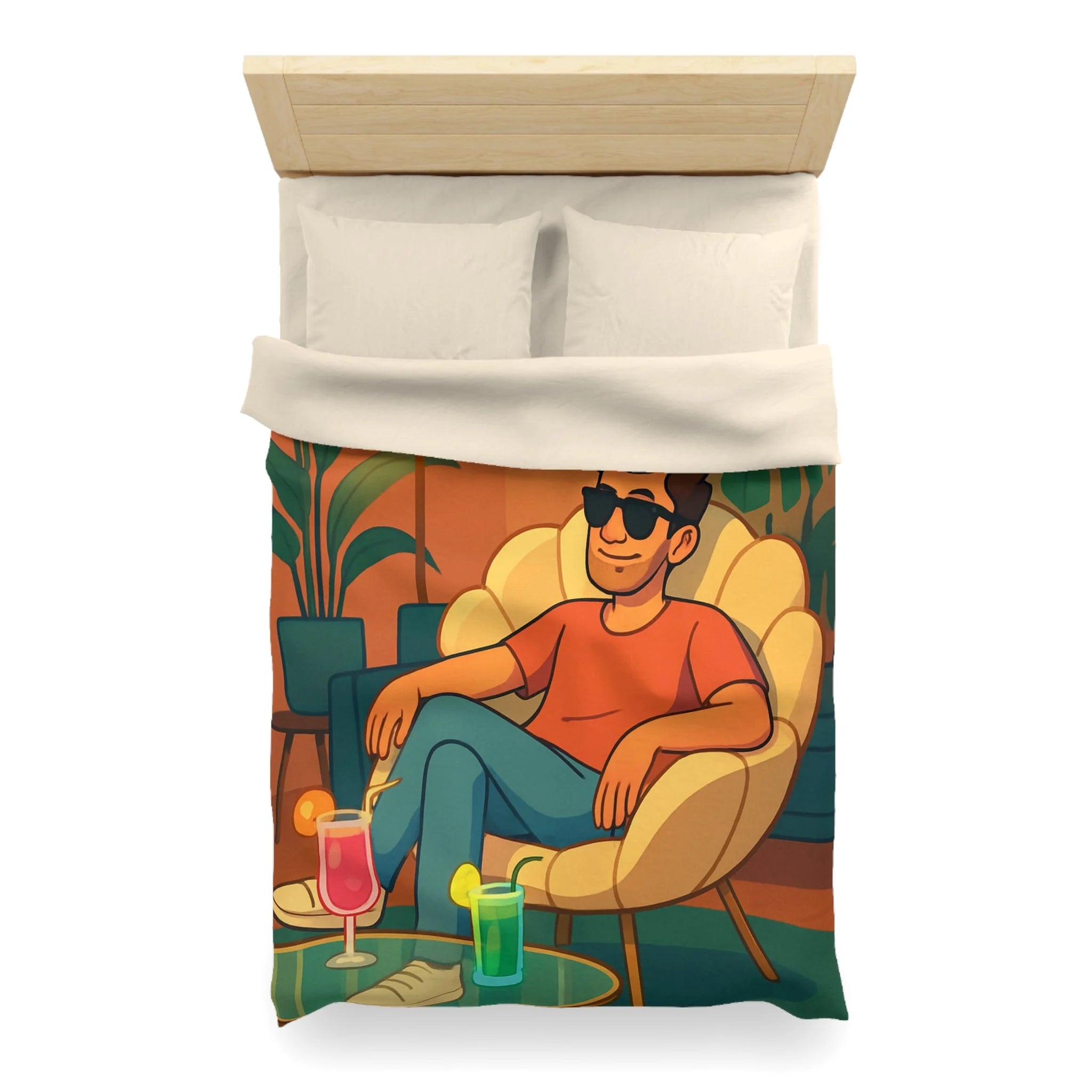 Housse de Couette Tropicale Design Moderne avec Feuilles et Boissons Colorées Style Rétro