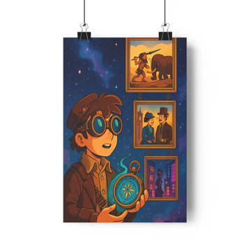 Poster steampunk aventure exploration mystère étoiles nuit compas personnages conversations chasse humour simple cartoon bleu noir vintage moderne salon chambre
