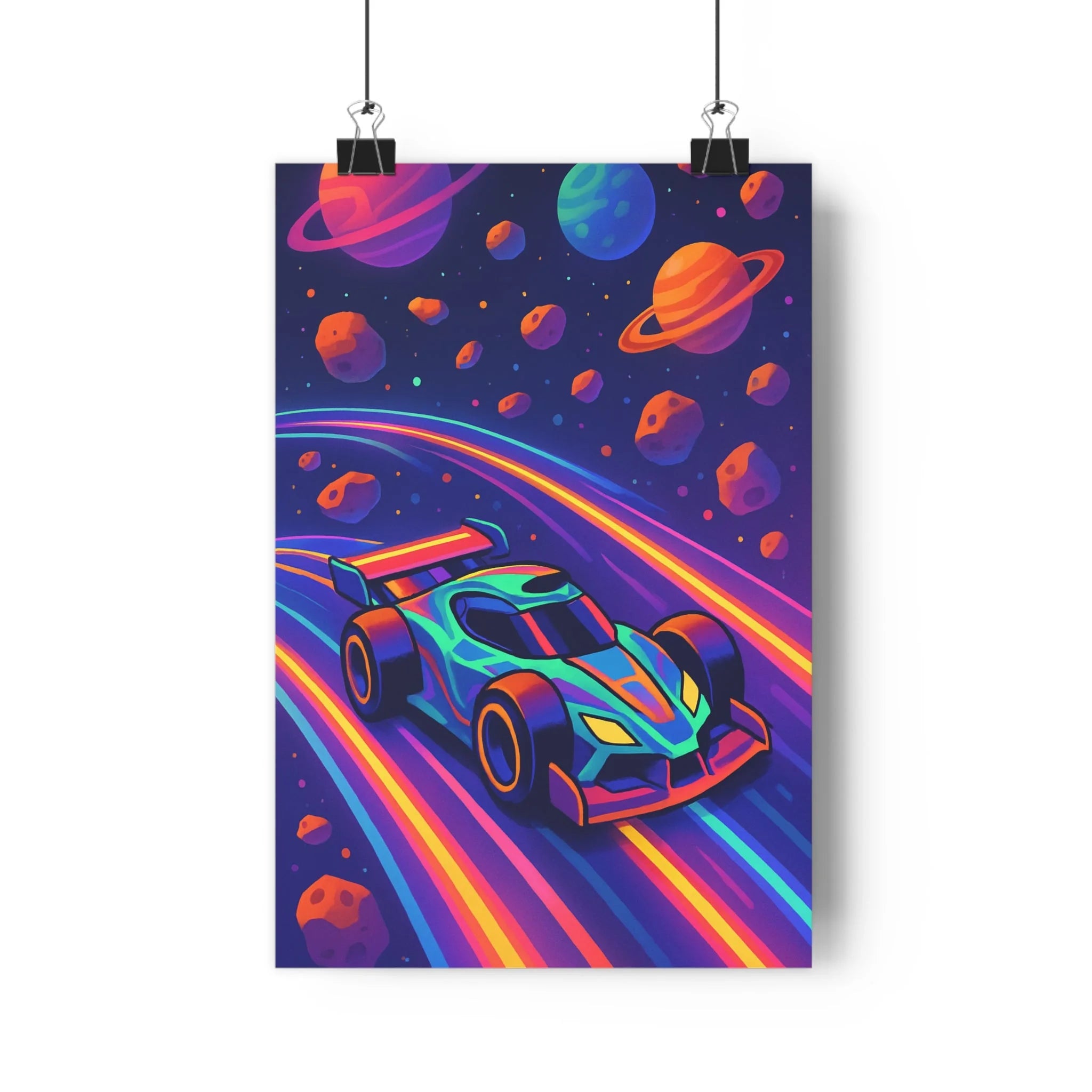 Poster décoratif futuriste voiture course bleu violet orange cartoon aventure espace chambre salon dynamique