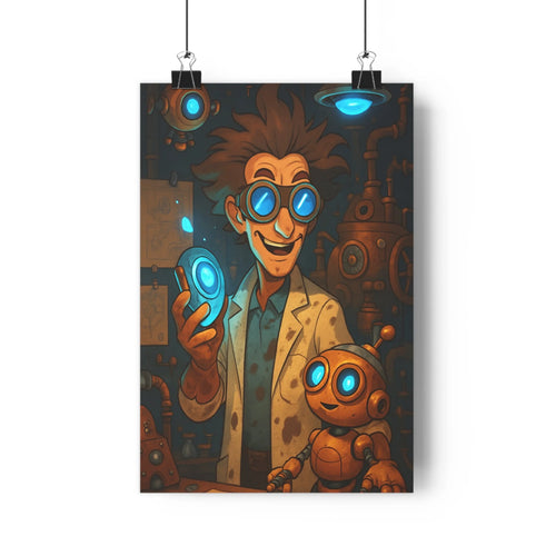Poster inventeur lunettes bleues machine lumière robot brun mécanique industrielle ambiance technologique futuriste détails métalliques style cartoon chambre salon