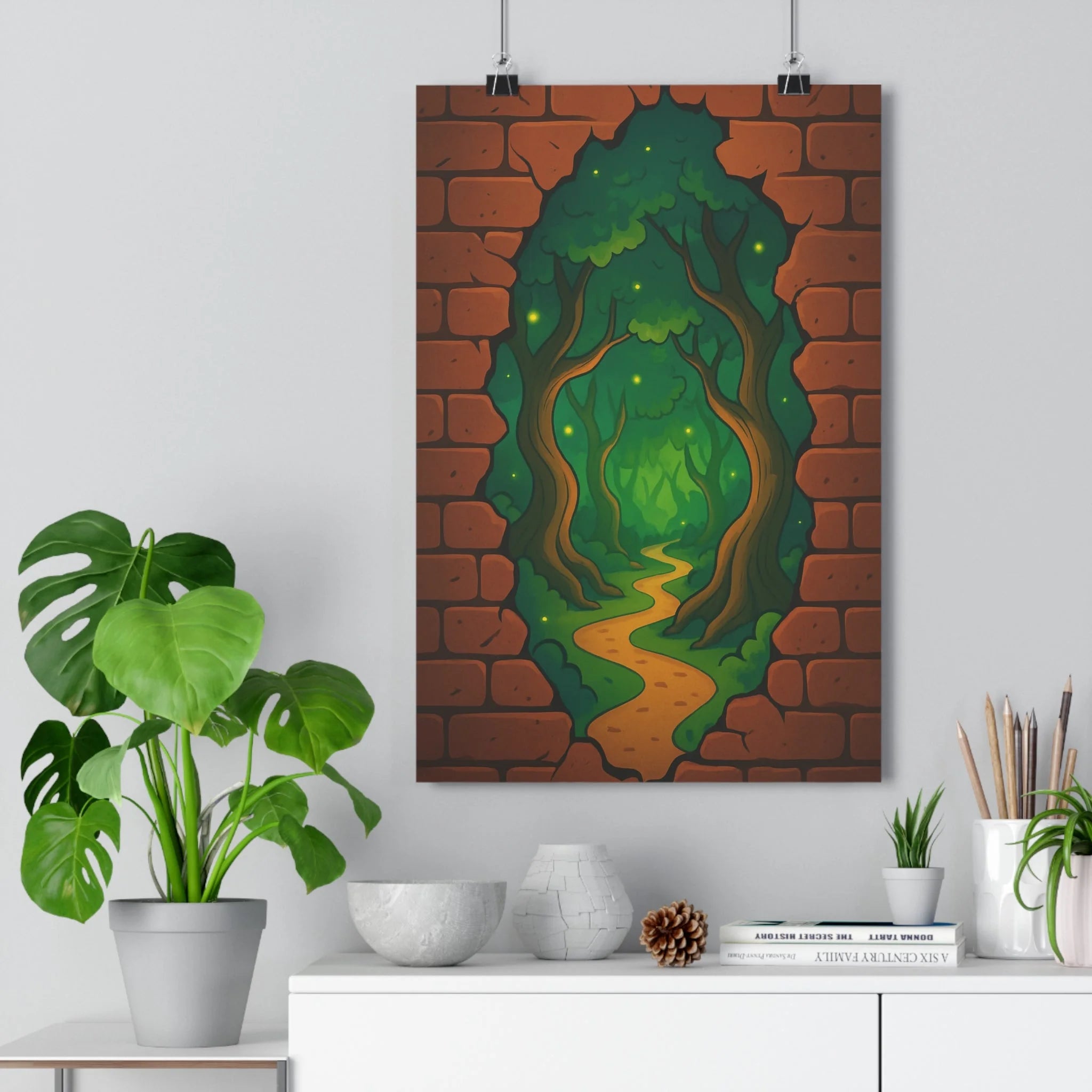 Poster décoratif cartoon magique forêt enchantée mystique vert jaune salon chambre murale fantasy qualité