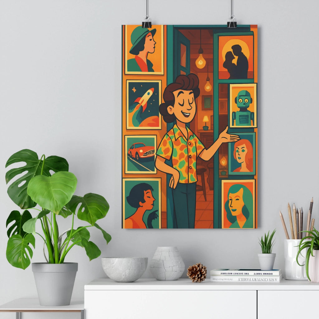 Poster homme souriant cadres diverses images femme chapeau fusée voiture robot portraits lampe suspendue intérieur porte ouverte exploration ambiance positive