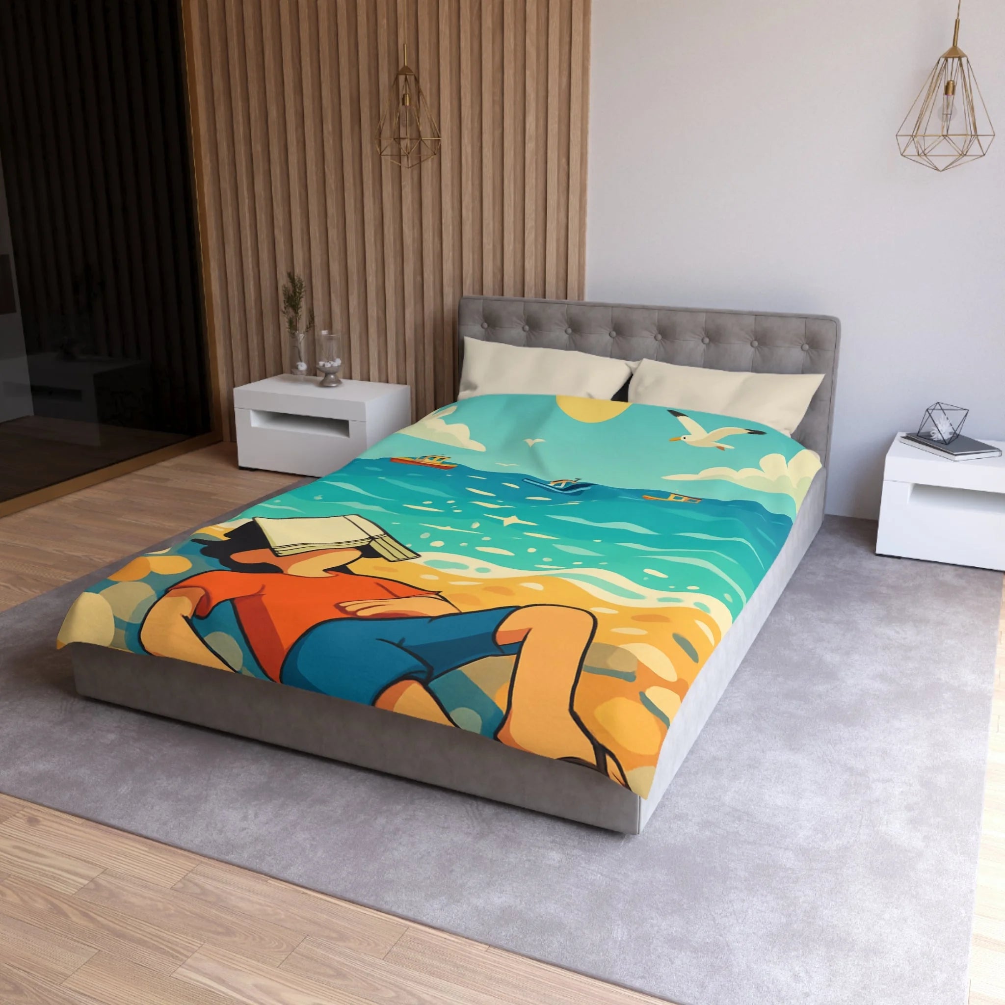 Housse de couette plage relaxante avec enfant, livre et mouettes en été ensoleillé
