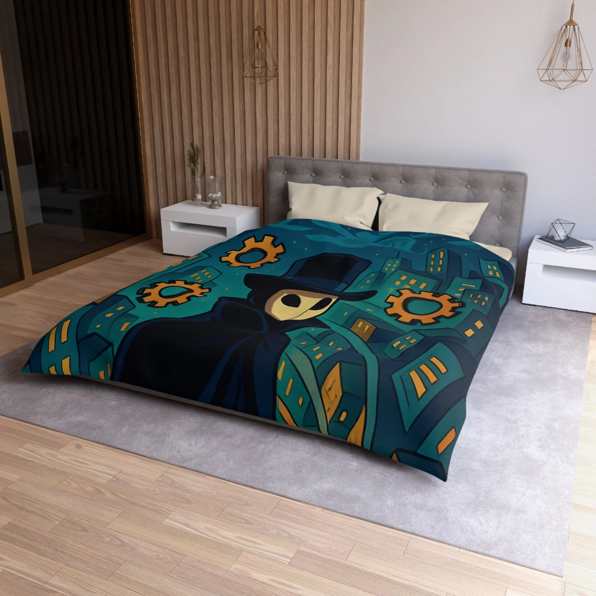 Housse de couette mystérieuse avec personnage masqué, engrenages dorés et ville nocturne
